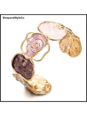 Gold-Tone Enamel Rose Open Cuff Bracelet Boho Statement Bangle